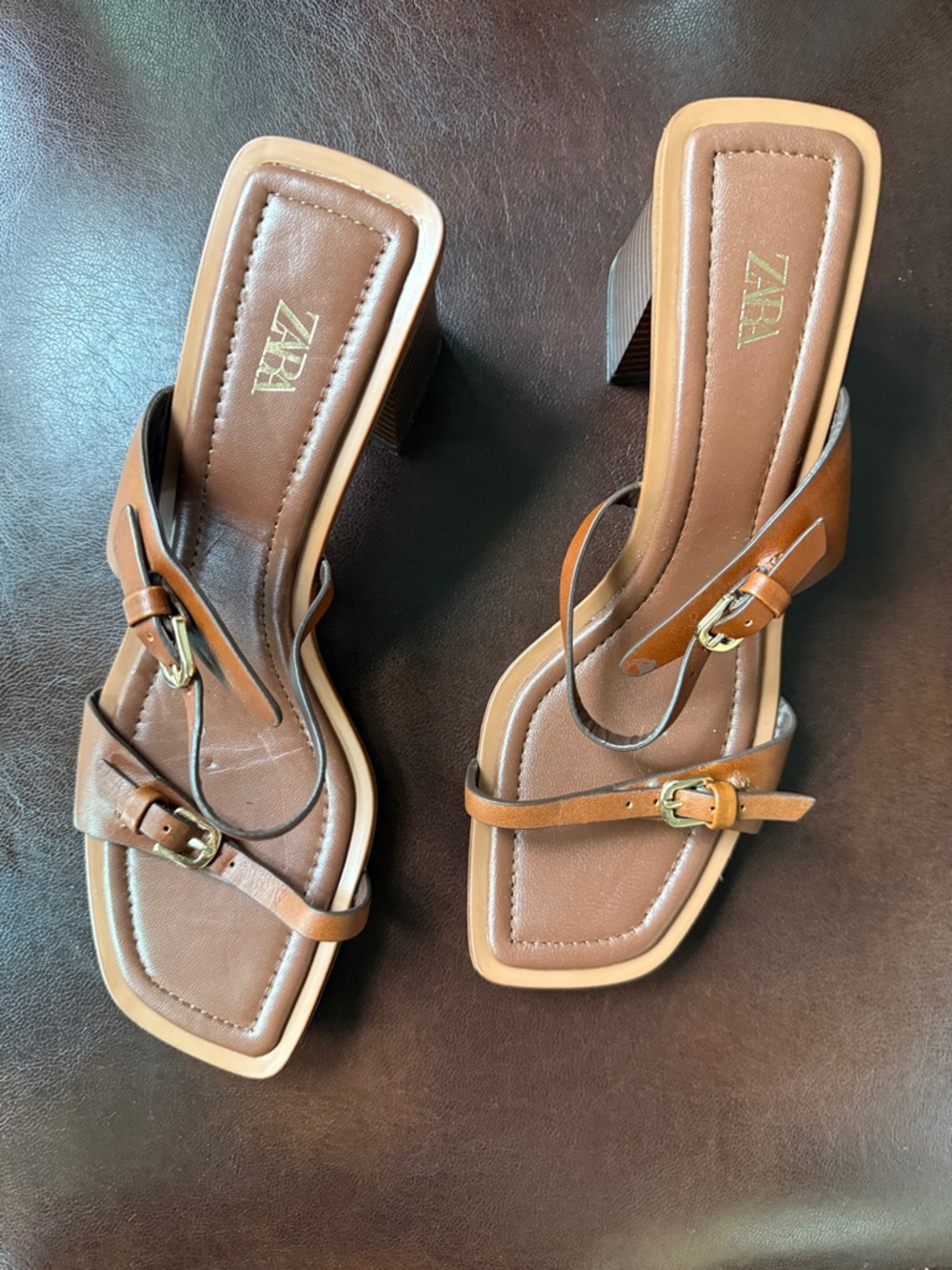Zara Tan Brown Strappy Block Heel Sandals